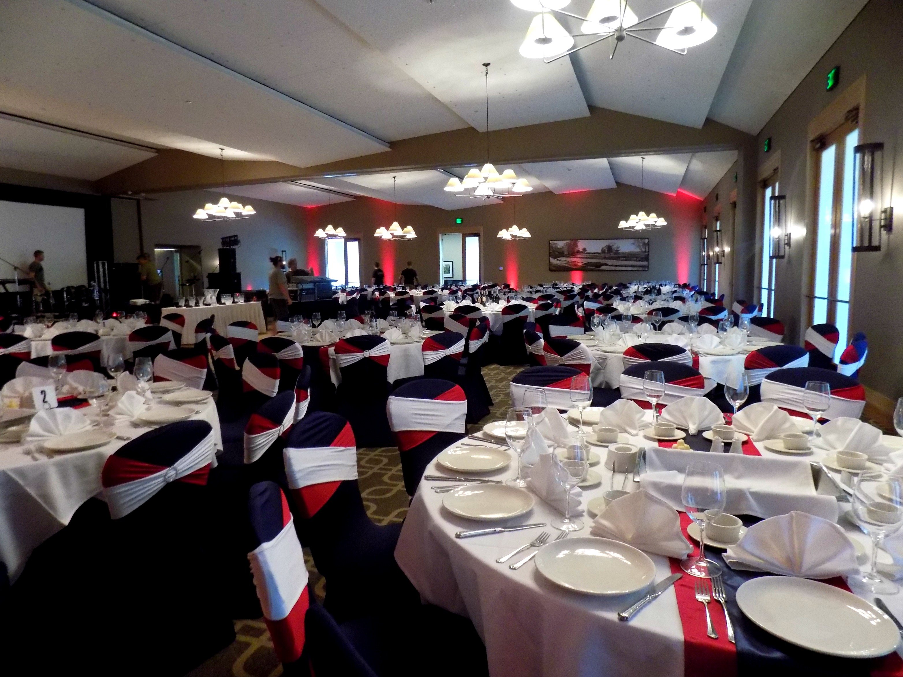 Red White and Blue decor for an all-America fundraising gala at Hazeltine National Golf Club