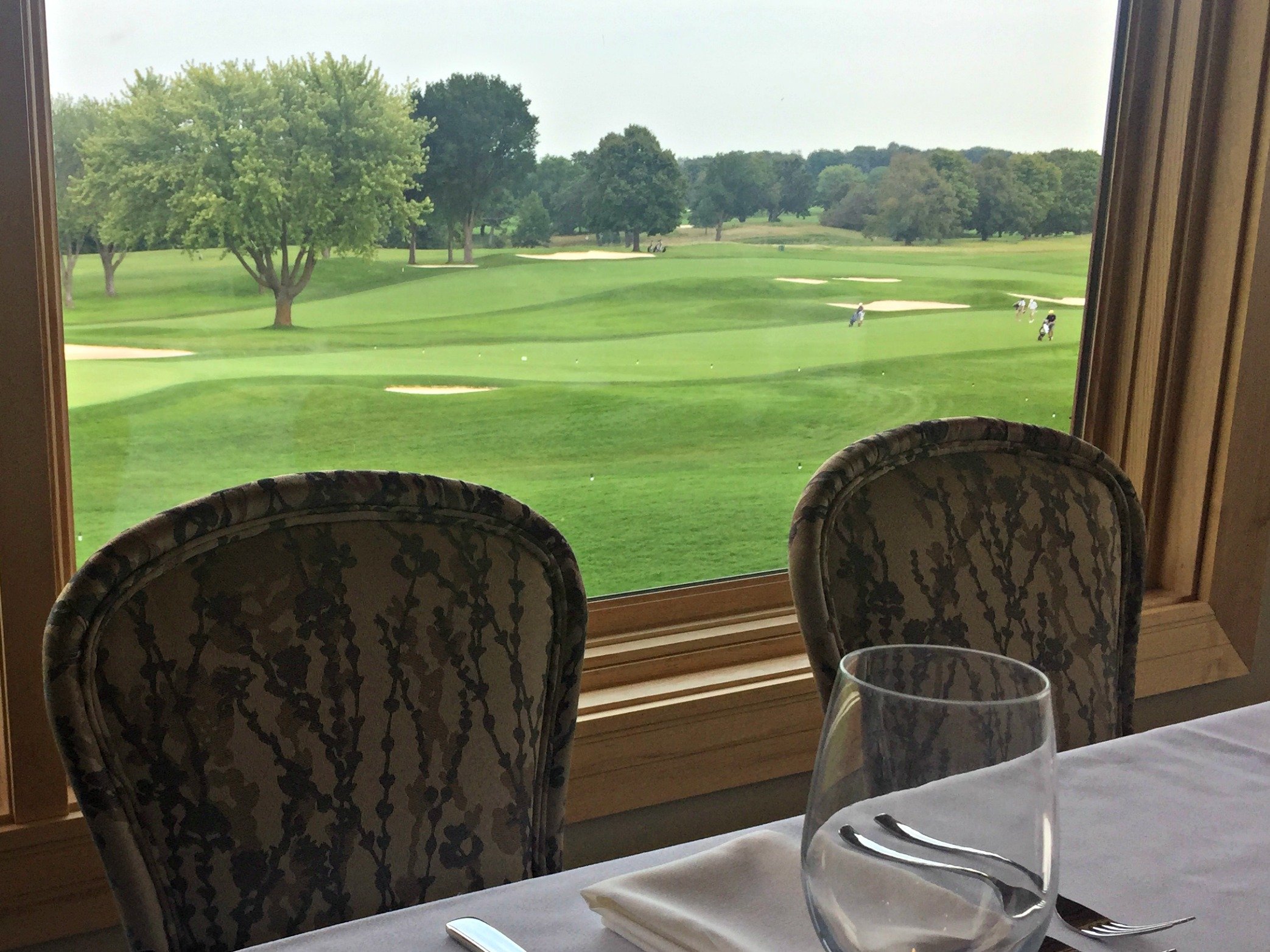 Team banquet at Hazeltine National Golf Club overlooking the golf course