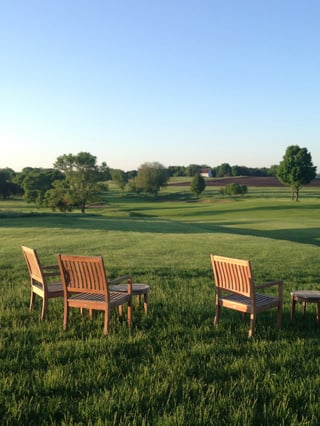 Quiet moment overlooking the first tee before the start of a private golf tournament at Hazeltine National Golf Club
